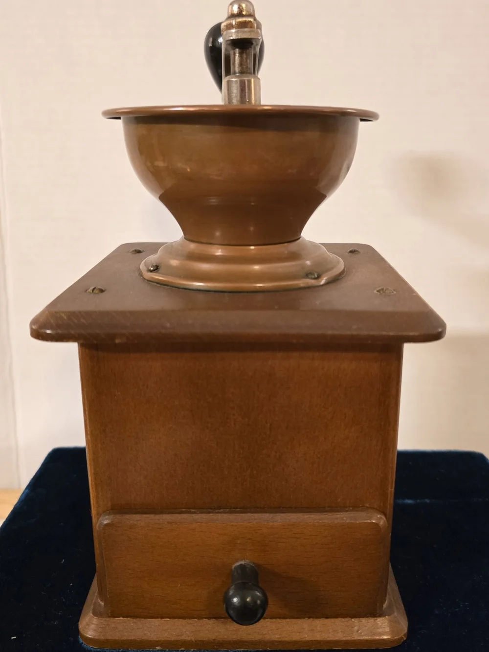 Mid-Century German Wood & Copper Coffee Bean Grinder Decor